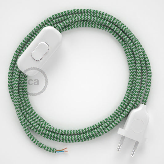 Angular green and white viscose cable and switch with plug (1,80m)